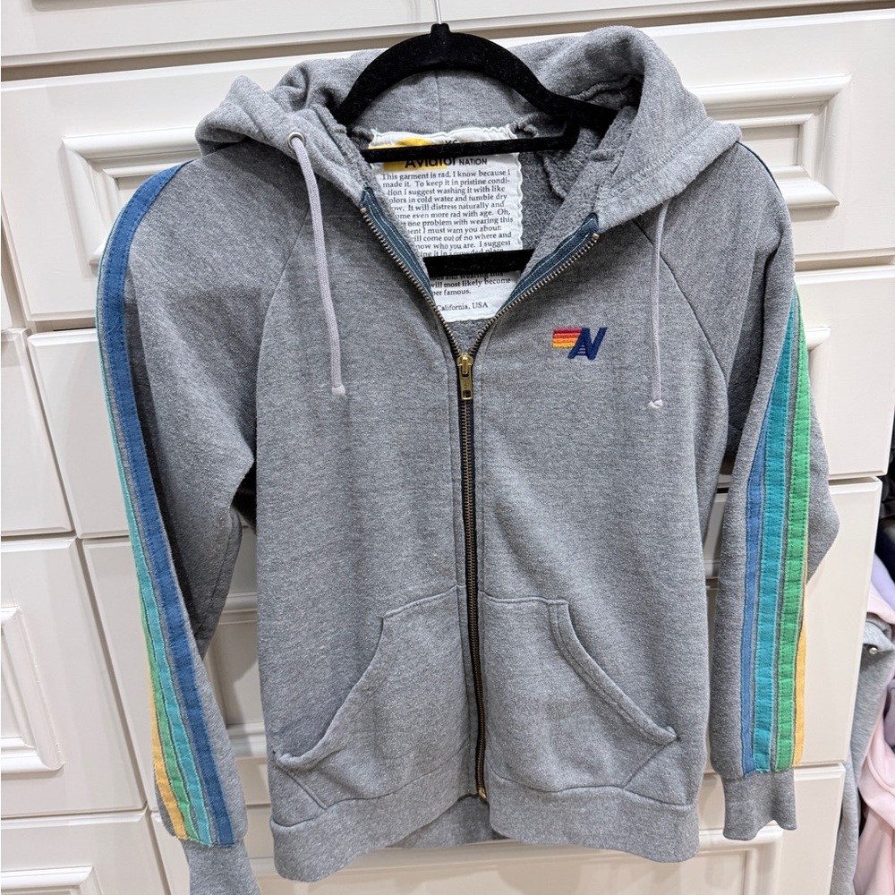 Aviator Nation Heather Grey Hoodie with Yellow &blues Accent